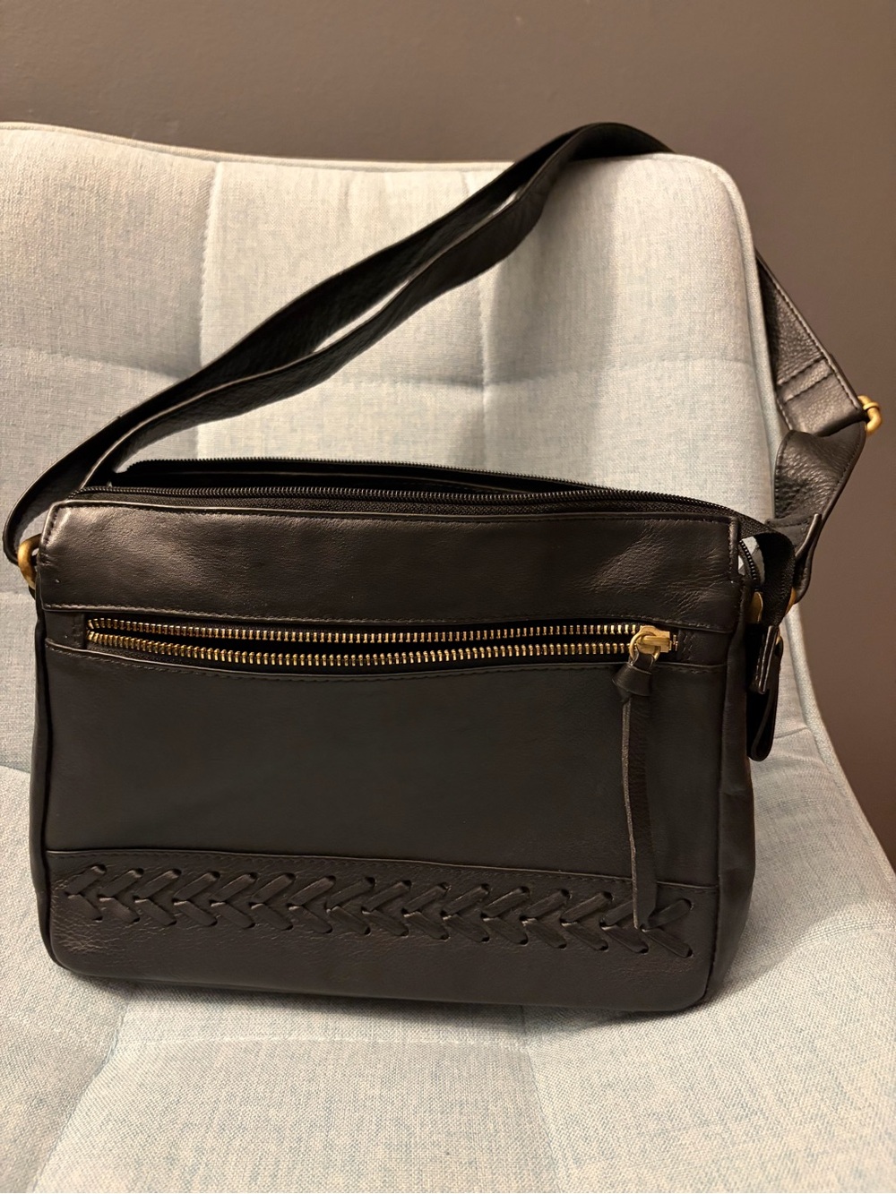 Women's Black Leather Crossbody Bag with Woven Accent - Unbranded